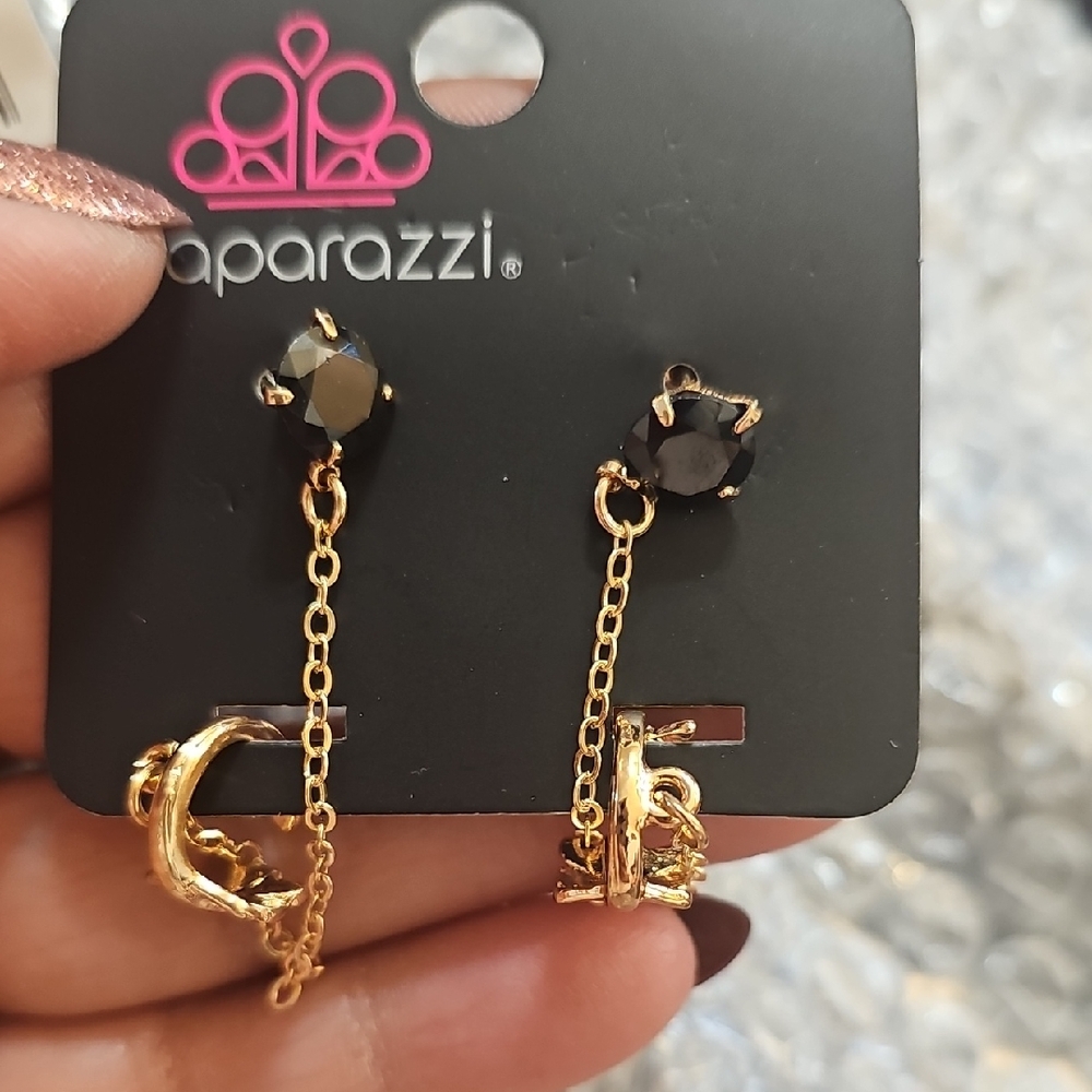 Paparazzi Gold Chain Earrings with Black Stones